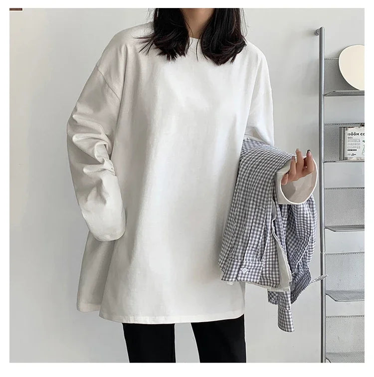 Korean Style Oversized Long Sleeve T-Shirt for Women - Casual Cotton Tee