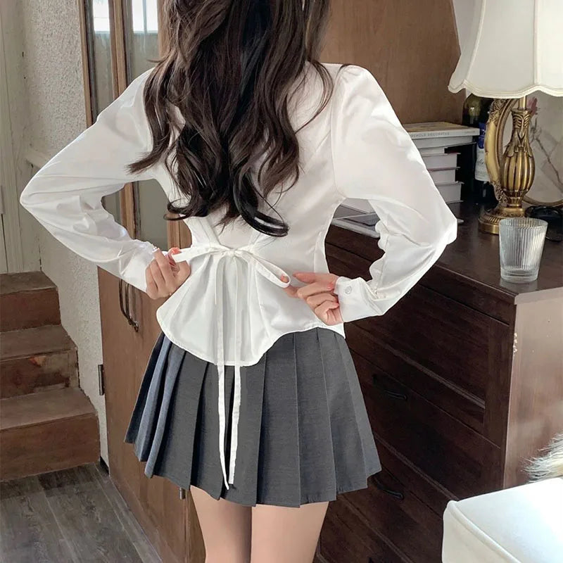 Korean Style White Shirt - Back Lace-Up Detail Shirt for Women