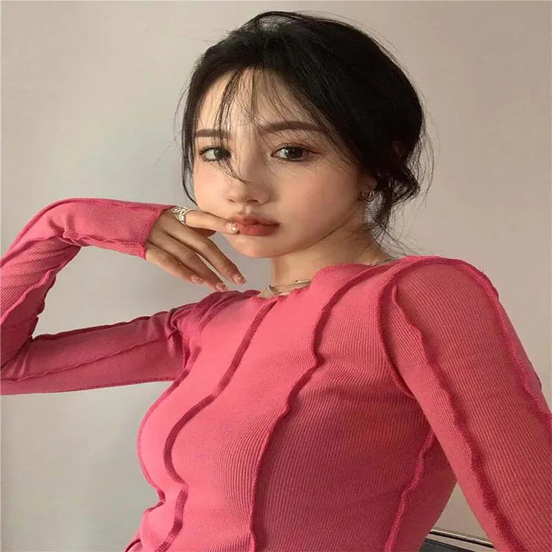 Korean Style Long Sleeve Top - Slim Fit with Contrast Line Detail