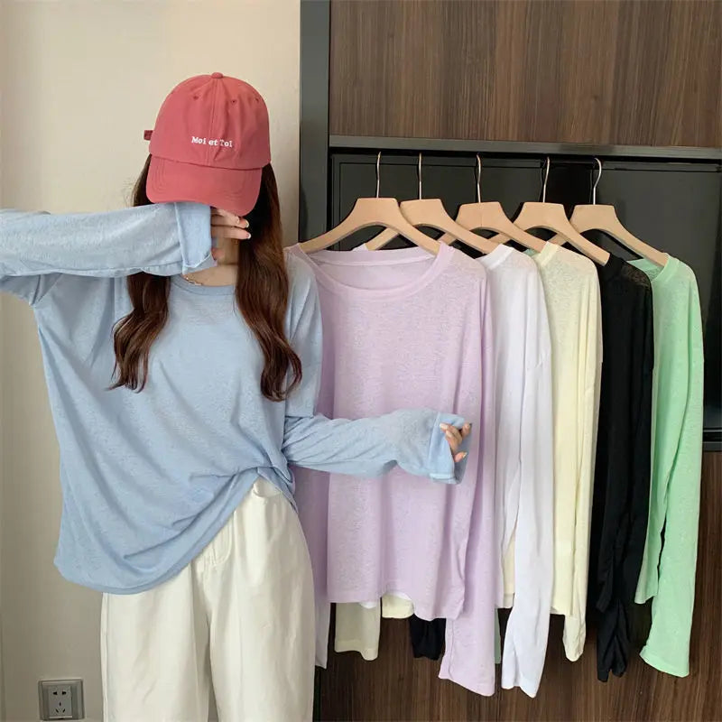 Korean Style Mesh Long Sleeve Cover Up Top