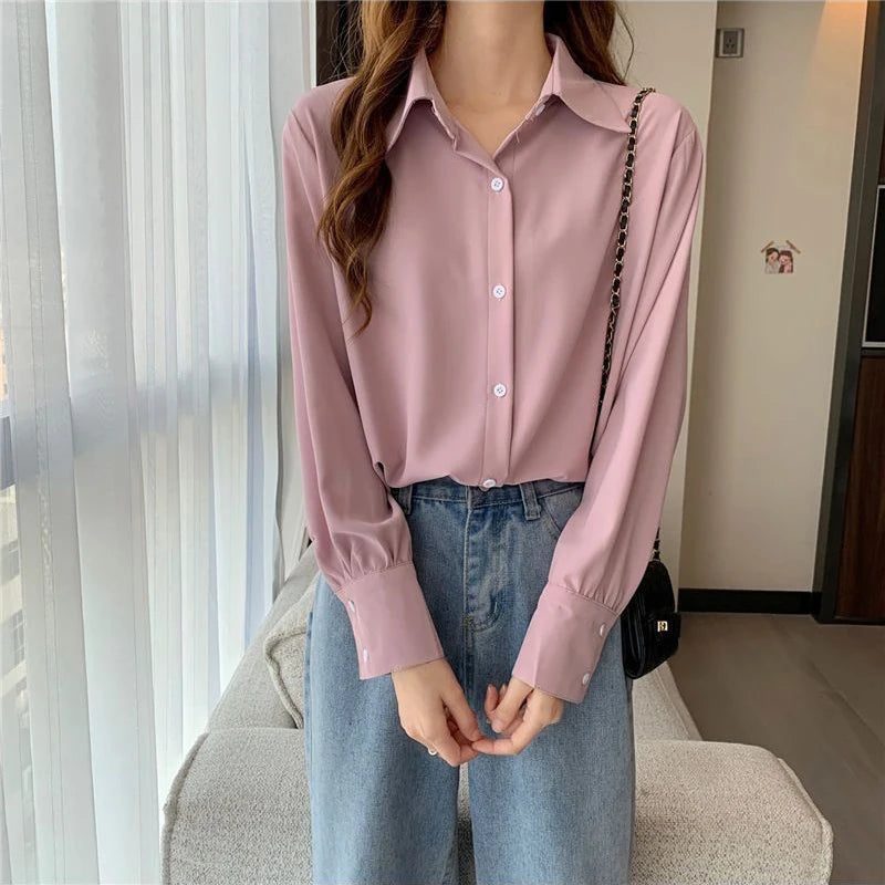 Korean Style White Chiffon Blouse - Elegant Long Sleeve Shirt for Women