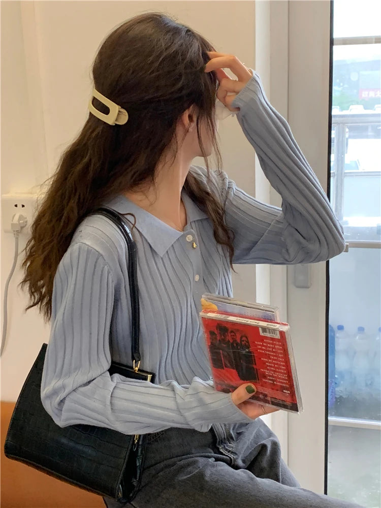 Korean Style Polo Collar Knit Cardigan - Women's Elegant Layering Sweater