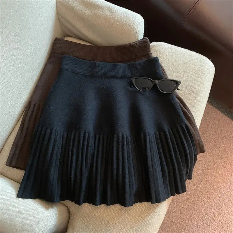 Korean Style Pleated Knit Mini Skirt - High Waist A-Line Skirt for Women