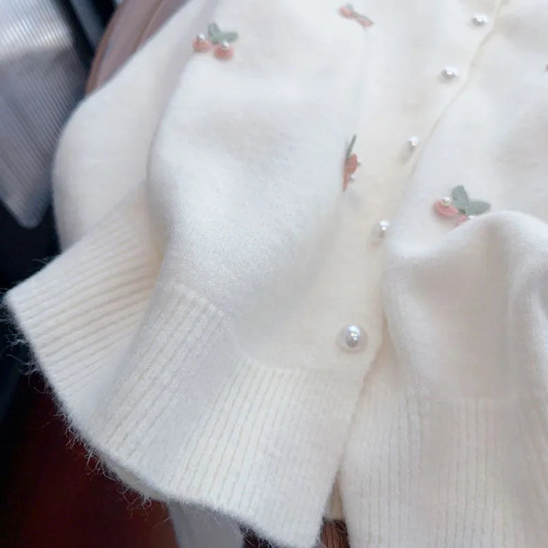 Korean Style Pearl Embellished Cardigan - Women's Knit Sweater