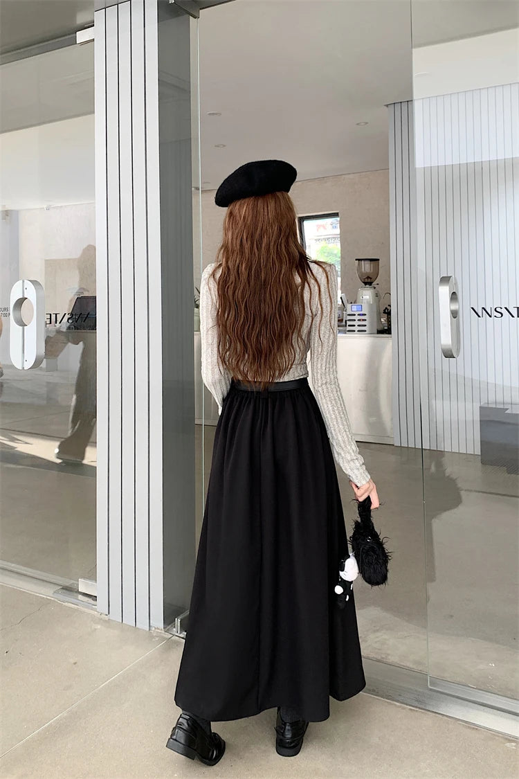 Korean Style Pleated Midi Skirt - A-Line High Waist Swing Skirt for Women