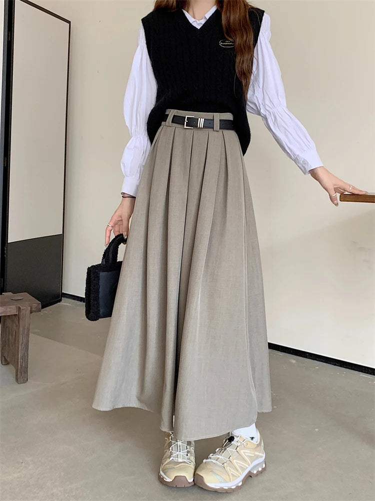Korean Style Pleated Midi Skirt - A-Line High Waist Swing Skirt for Women