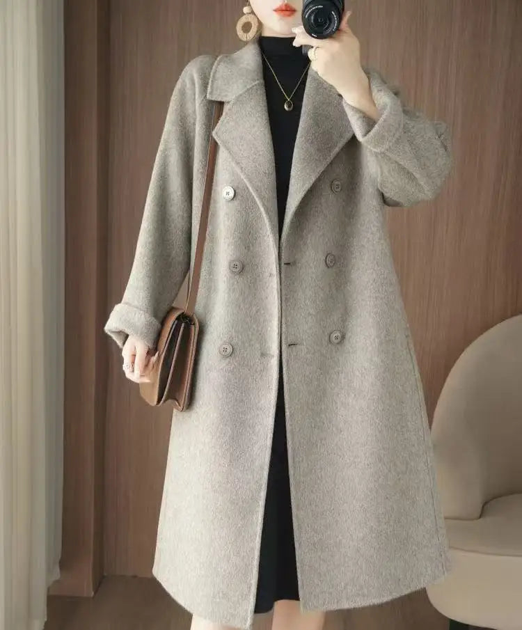 Korean Style Wool Coat - Women's Double-Breasted Mid-Length Winter Jacket