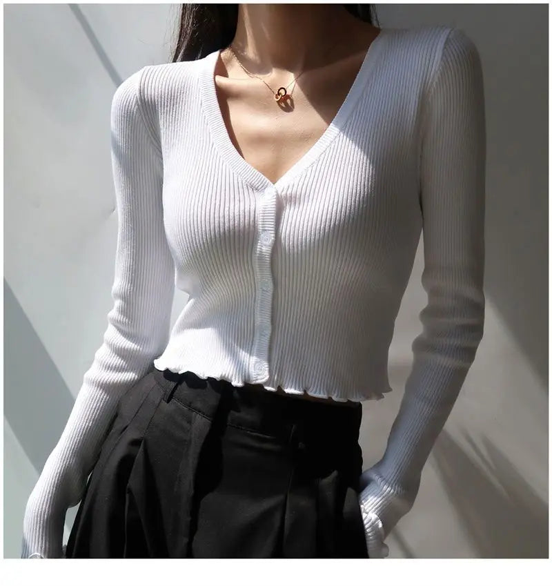 Korean Style Cropped Knit Cardigan - V-Neck Ruffle Hem