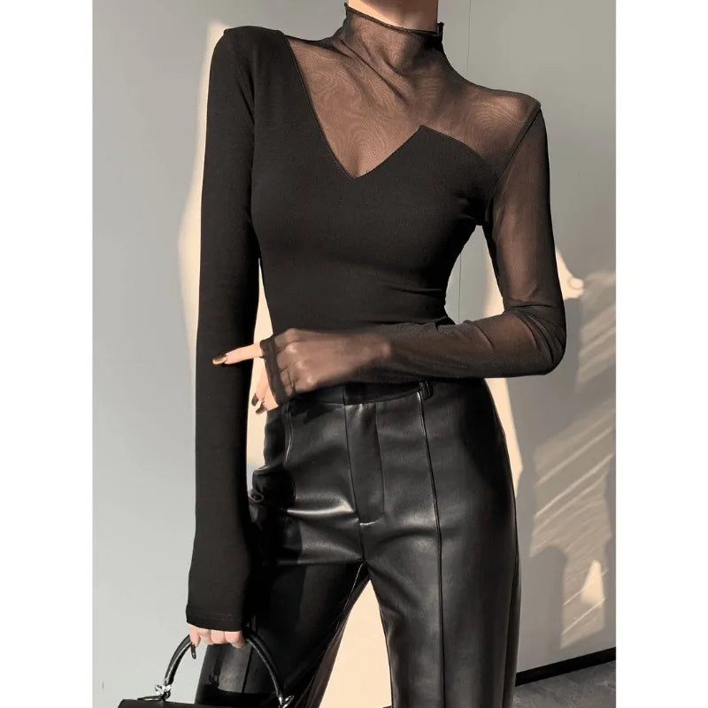 Korean Style Mesh Panel Long Sleeve Top - Elegant Black Sheer Patchwork Tee