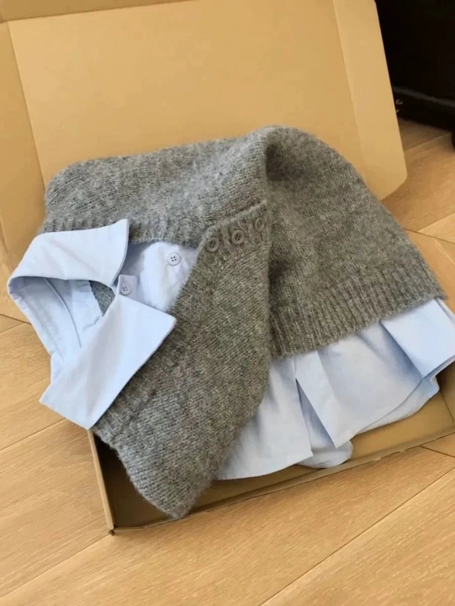 Korean Style Grey Blue Colour Block Knitted Sweater - Women's Turn-Down Collar Jumper