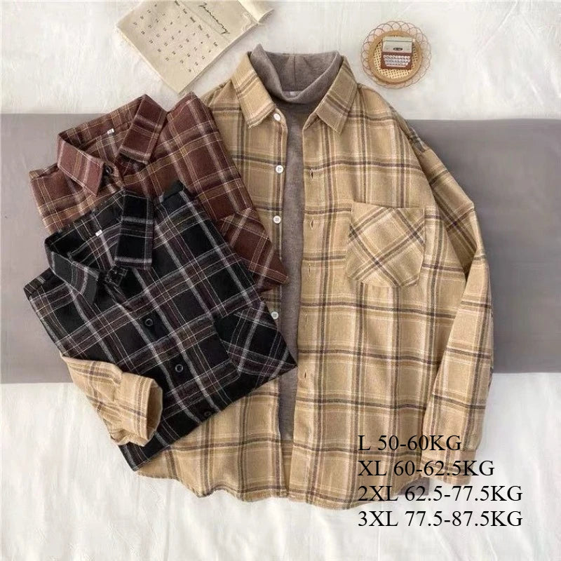 Korean Style Oversized Plaid Shirt - Women's Long Sleeve Button Up Blouse
