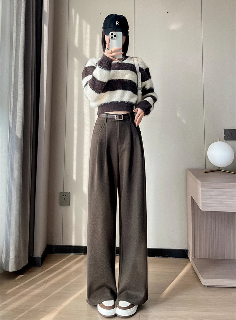 MEXZT Woolen Wide Leg Pants Women Streetwear Belt Fleece Baggy Black Suit Pants Winter Korean Fashion Casual Straight Trousers