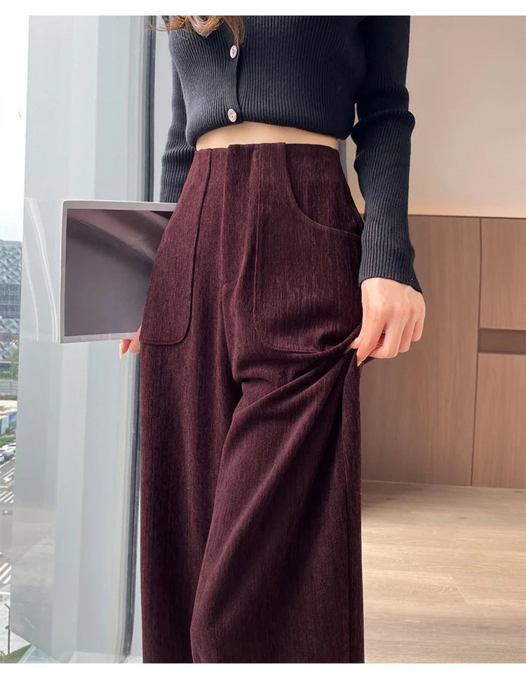 Korean Style High Waist Corduroy Wide Leg Trousers - Women's Vintage Casual Pants with Pockets