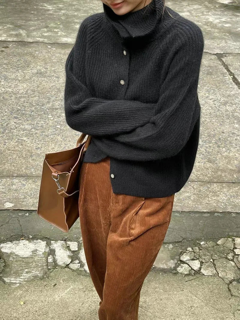 Korean Style Turtleneck Cardigan - Women's Chunky Knit Sweater