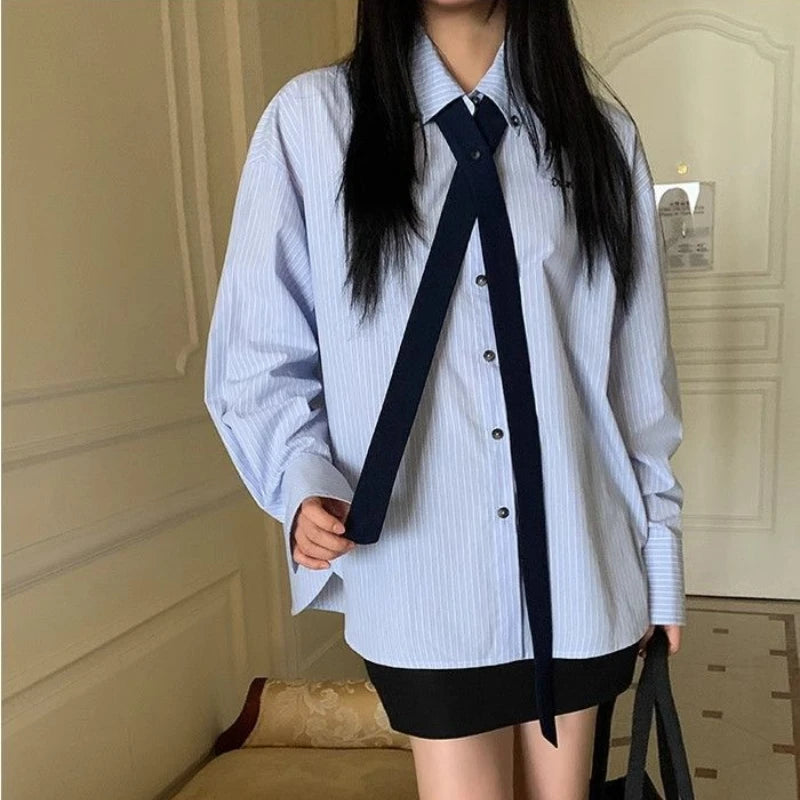 Korean Style Blue Striped Shirt - Women's Embroidered Long Sleeve Blouse