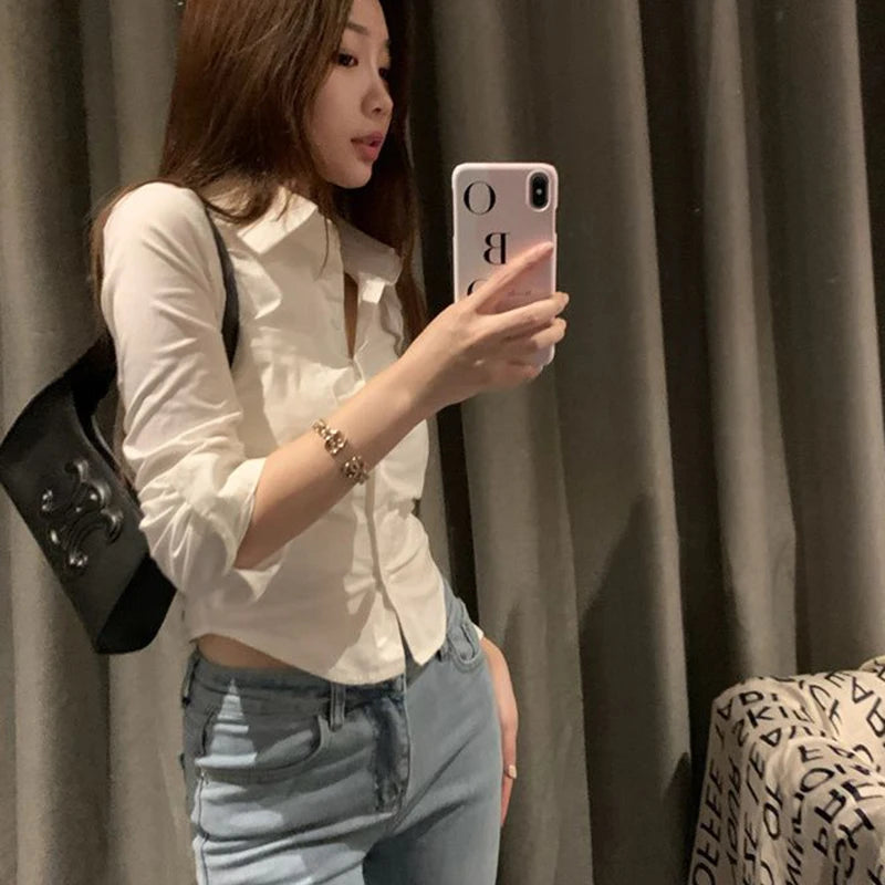 Korean Style Women's Slim Fit Cropped Blouse - Elegant Y2K Streetwear Shirt