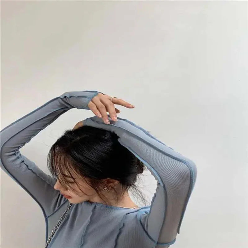 Korean Style Long Sleeve Top - Slim Fit with Contrast Line Detail