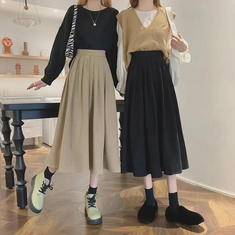Korean Style Pleated Midi Skirt - Vintage Brown High Waist A-Line Skirt