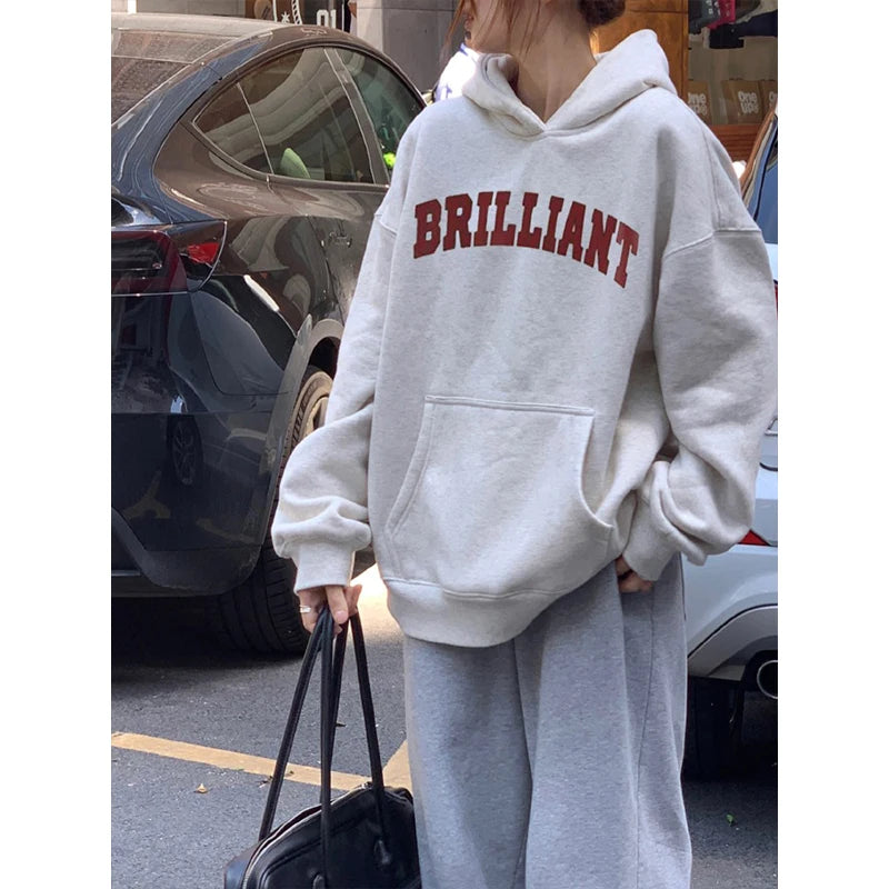 Korean Style Oversized Hoodie - Women's Grey & White Pullover Sweatshirt