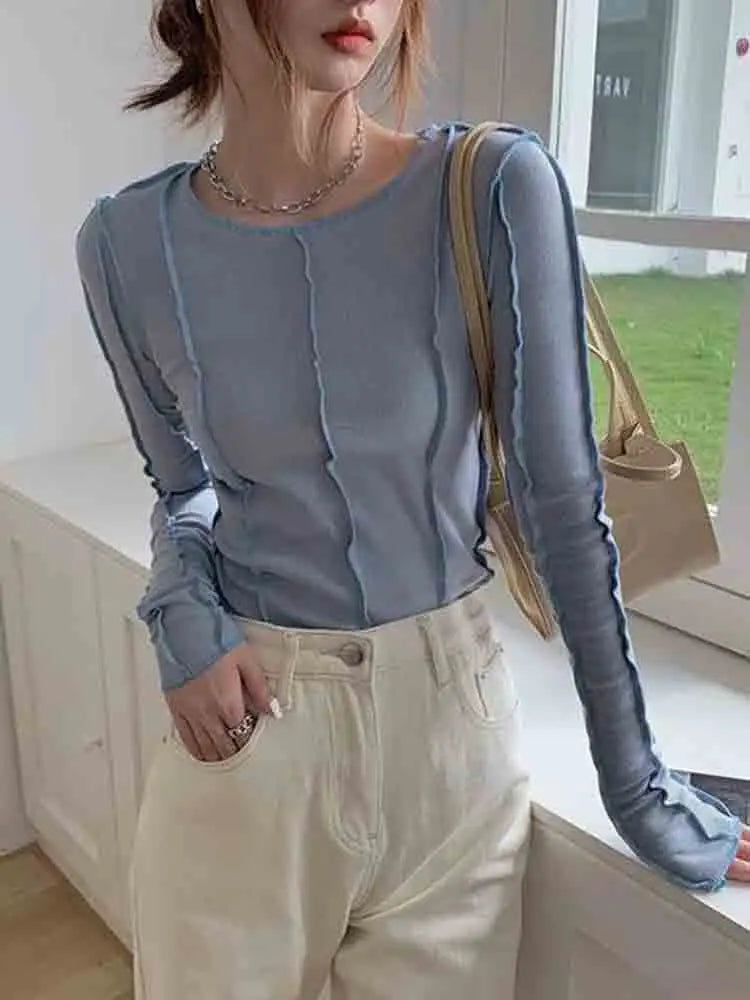 Korean Style Long Sleeve Top - Slim Fit with Contrast Line Detail