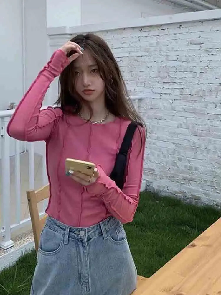 Korean Style Long Sleeve Top - Slim Fit with Contrast Line Detail