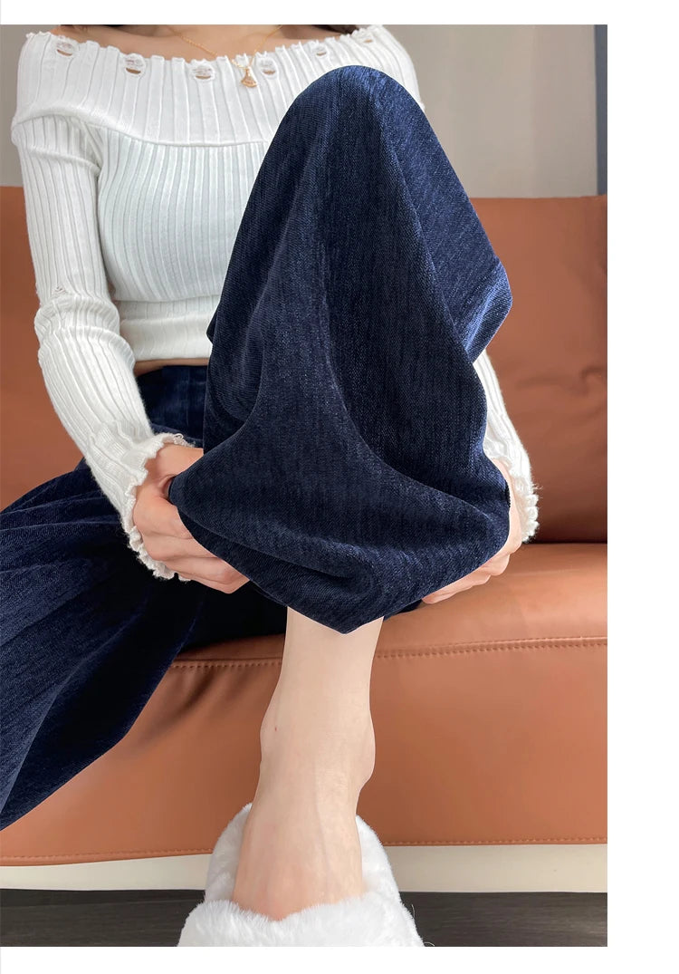 Korean Style High Waist Corduroy Wide Leg Trousers - Women's Vintage Casual Pants with Pockets