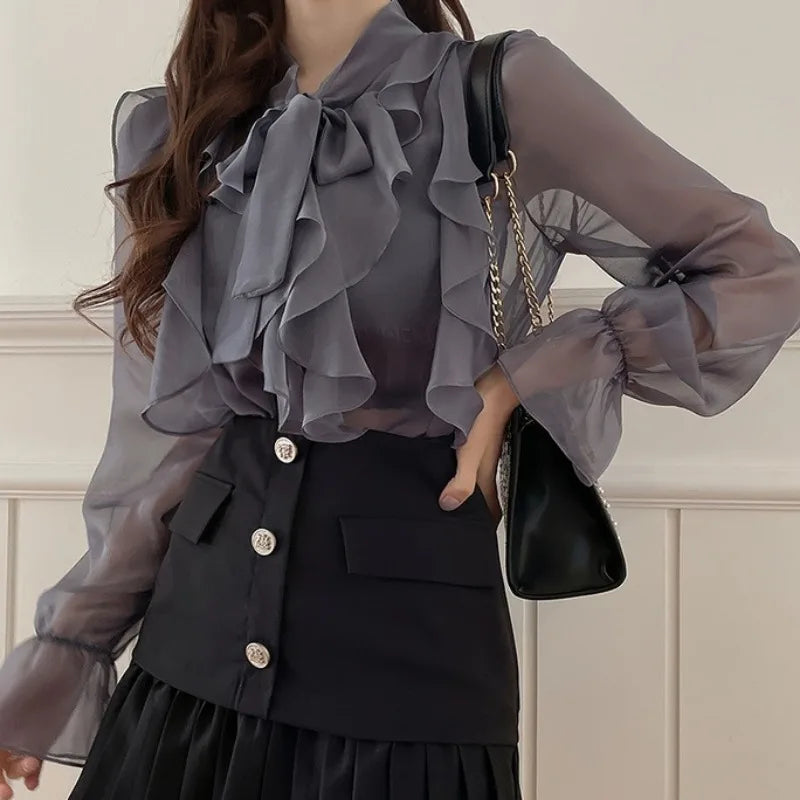 Korean Style Chiffon Blouse with Bow - Long Sleeve V-Neck Office Shirt