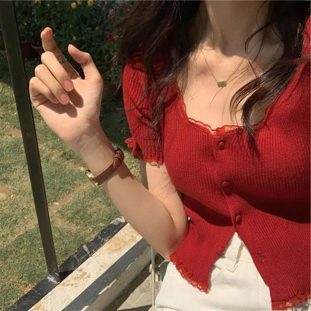 Korean Style Lace Knit Cardigan - Women's Slim Fit Button-Up Top