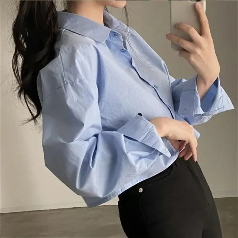 Korean Style White Button-Up Blouse - Women's Long Sleeve Casual Shirt