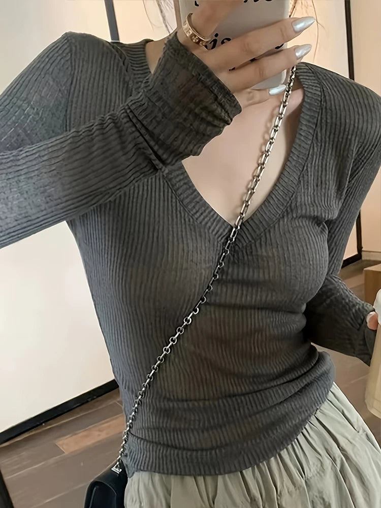 Korean Style V-Neck Long Sleeve Top - Slim Fit Semi-Sheer Women's T-Shirt