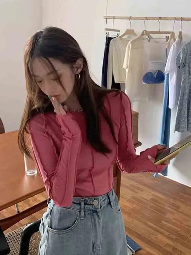 Korean Style Long Sleeve Top - Slim Fit with Contrast Line Detail
