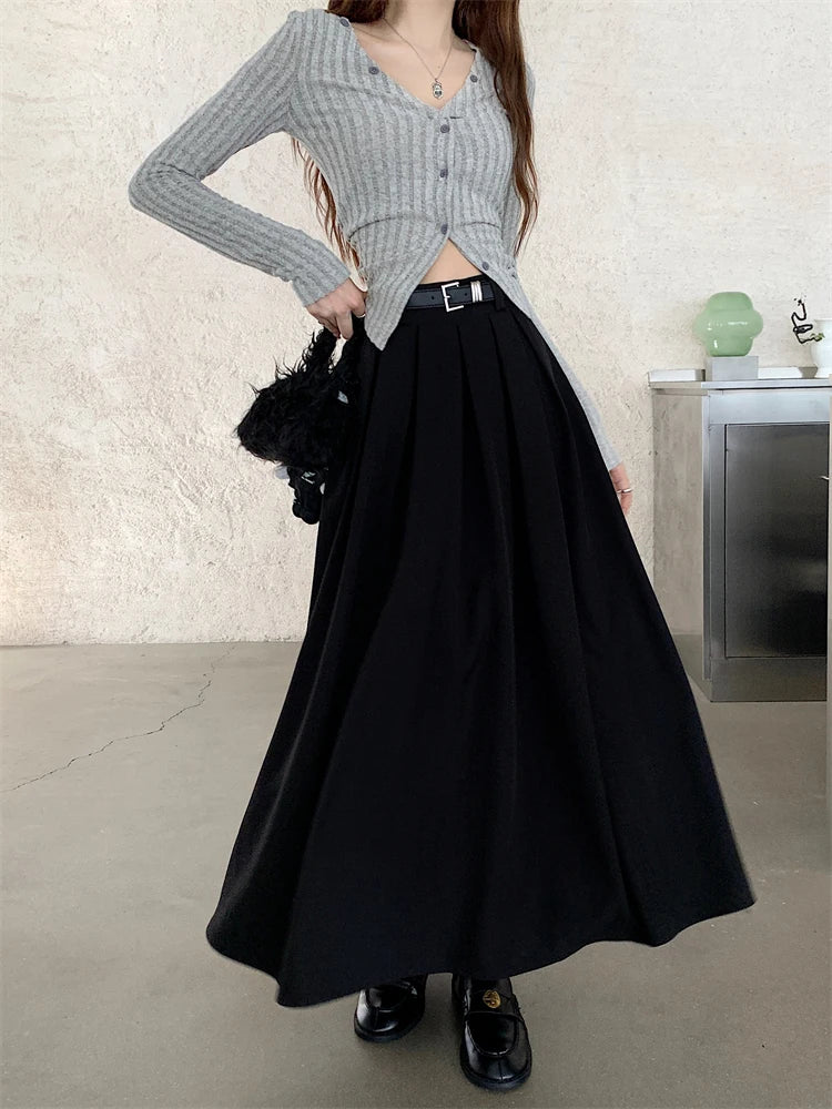Korean Style Pleated Midi Skirt - A-Line High Waist Swing Skirt for Women
