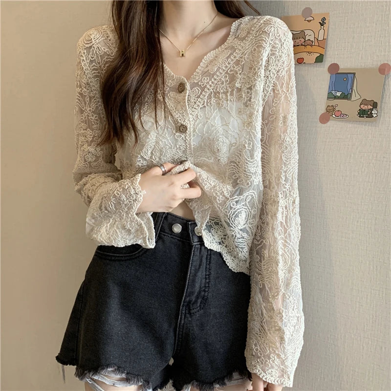 Korean Style Lace Blouse - Sheer Long Sleeve Summer Top