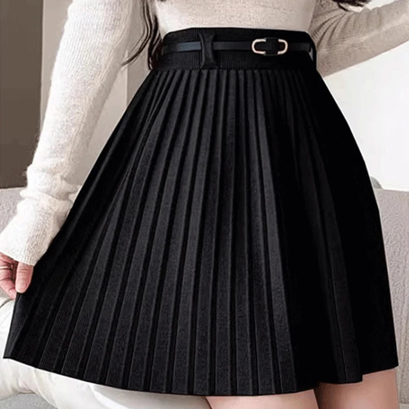 Korean Style High-Waisted A-Line Mini Skirt - Women's Knitted Pleated Skirt