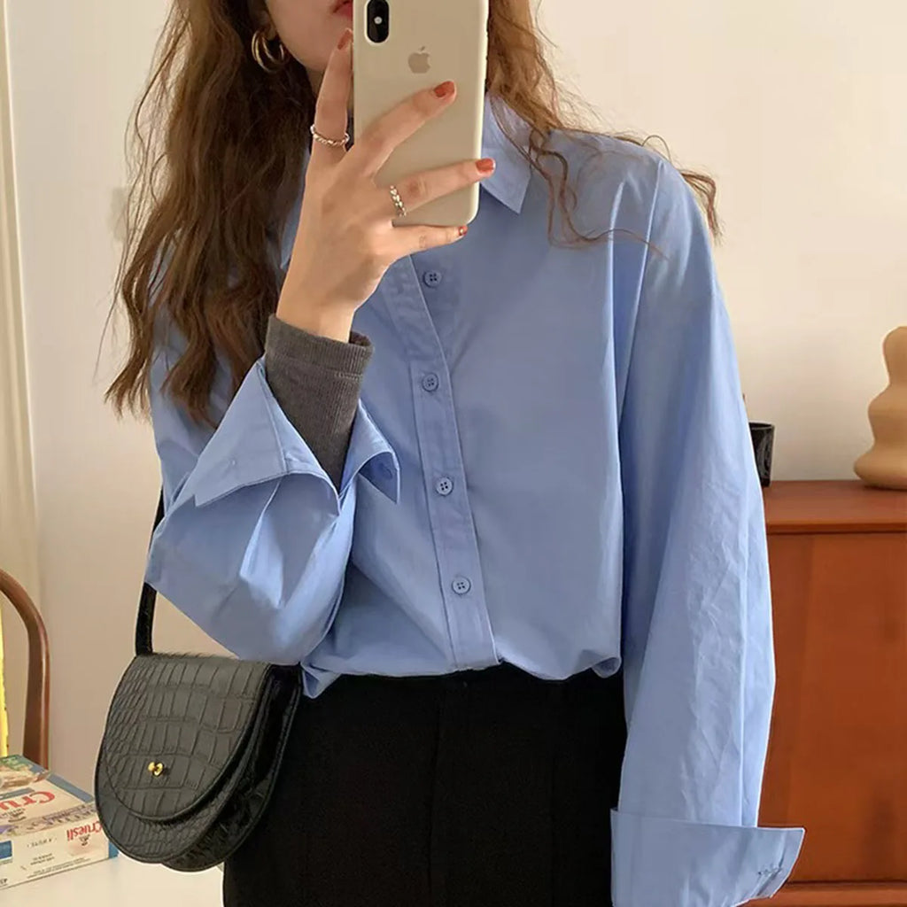 Korean Style Blue Shirt - Women's Long Sleeve Button-Up Blouse