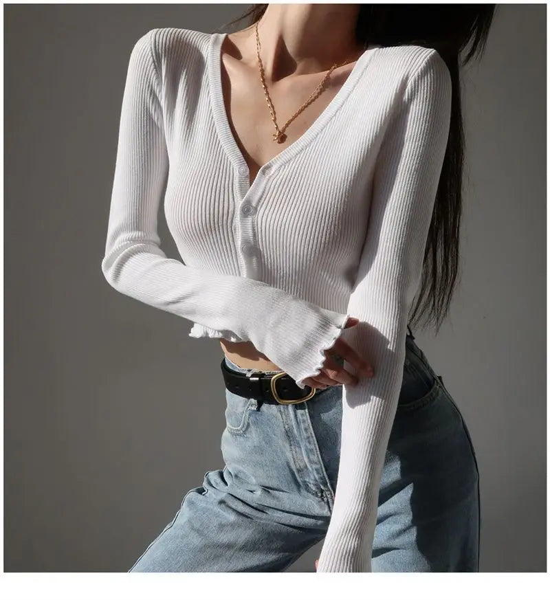 Korean Style Cropped Knit Cardigan - V-Neck Ruffle Hem