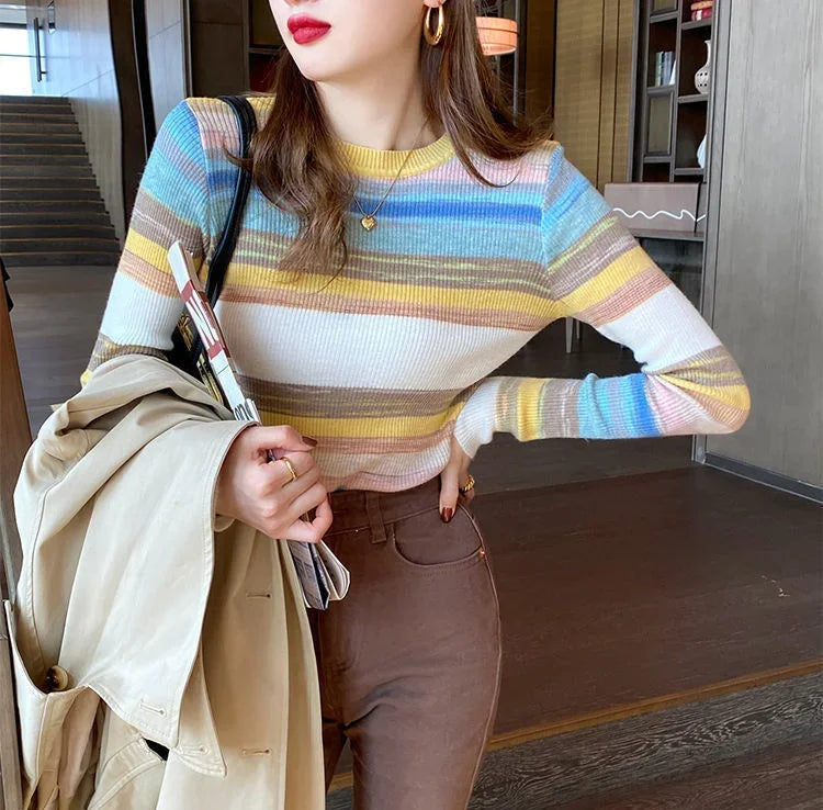 Korean Style Striped Long Sleeve Top - Women's Slim Fit T-Shirt