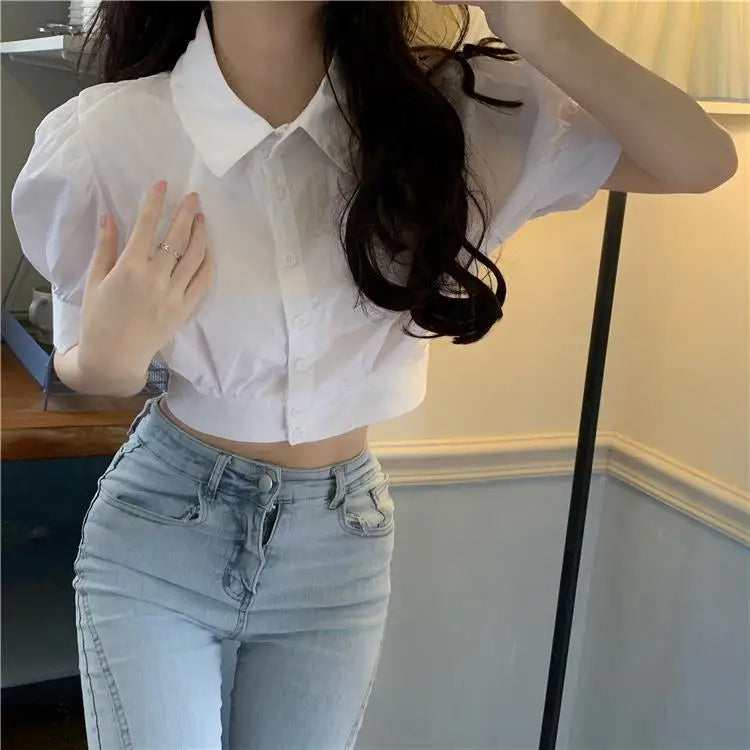 Korean Style White Puff Sleeve Cropped Shirt - Women's Elegant Preppy Blouse