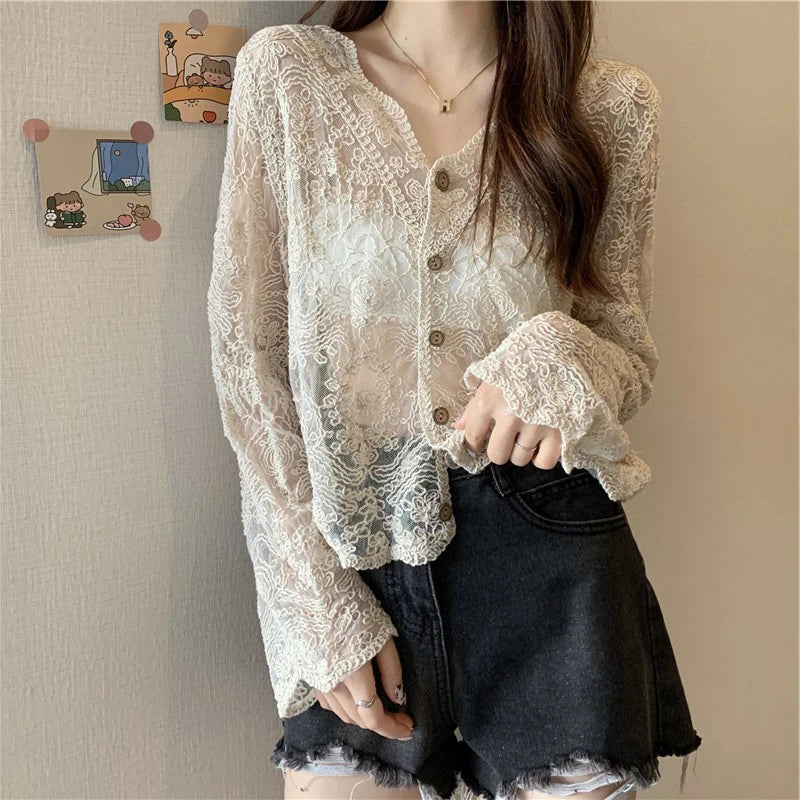 Korean Style Lace Blouse - Sheer Long Sleeve Summer Top