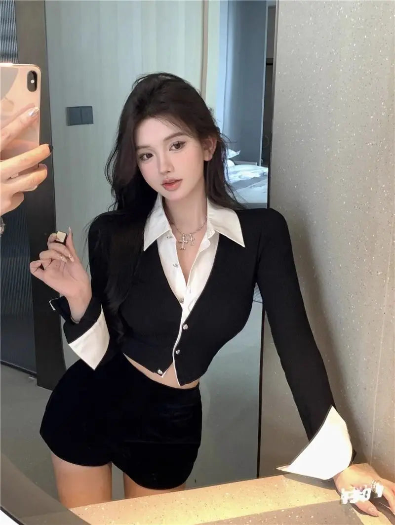 Korean Style Two-Piece Effect Blouse - Women's Slim Fit Cropped Shirt