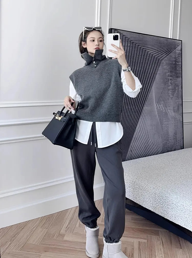 Korean Style Cashmere Turtleneck Vest - Sleeveless Knit Jumper Top