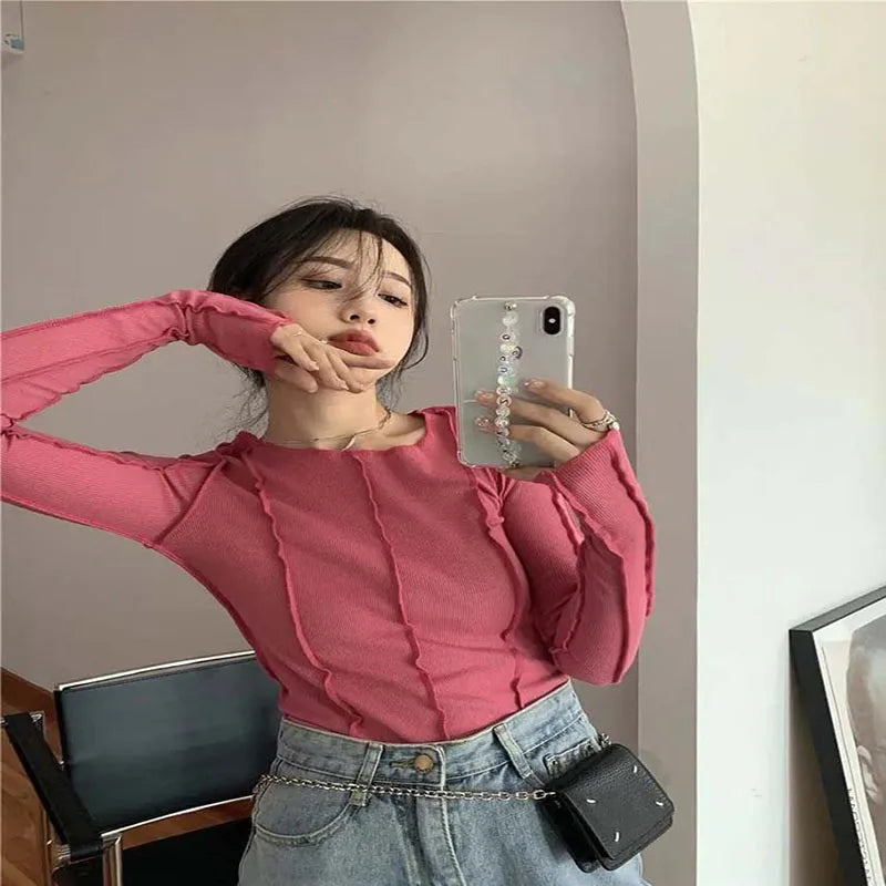 Korean Style Long Sleeve Top - Slim Fit with Contrast Line Detail