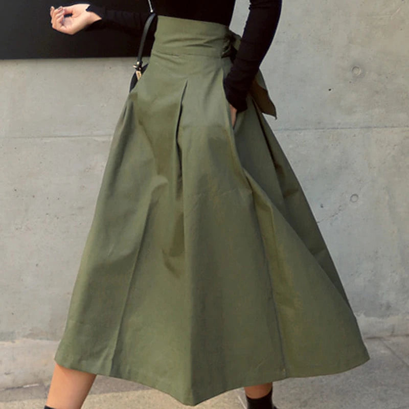 Korean Style High Waist A-Line Maxi Skirt - Elegant Lace-Up Long Skirt