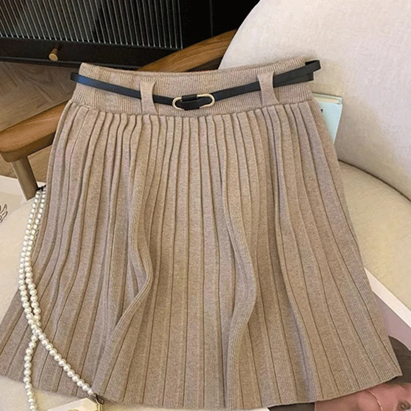 Korean Style High-Waisted A-Line Mini Skirt - Women's Knitted Pleated Skirt