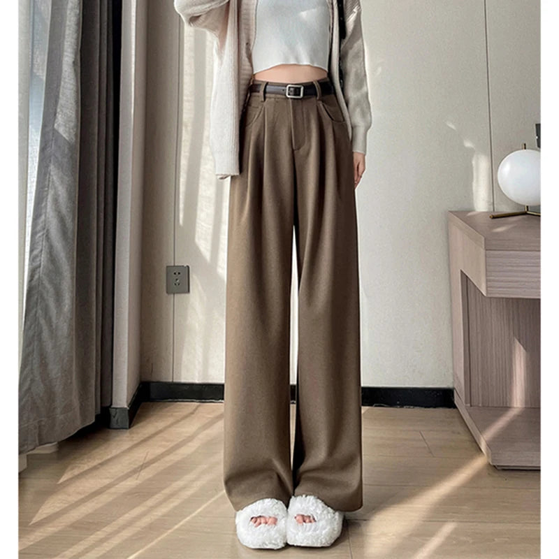 MEXZT Woolen Wide Leg Pants Women Streetwear Belt Fleece Baggy Black Suit Pants Winter Korean Fashion Casual Straight Trousers