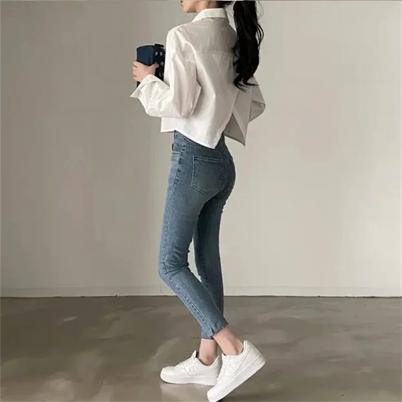 Korean Style White Button-Up Blouse - Women's Long Sleeve Casual Shirt
