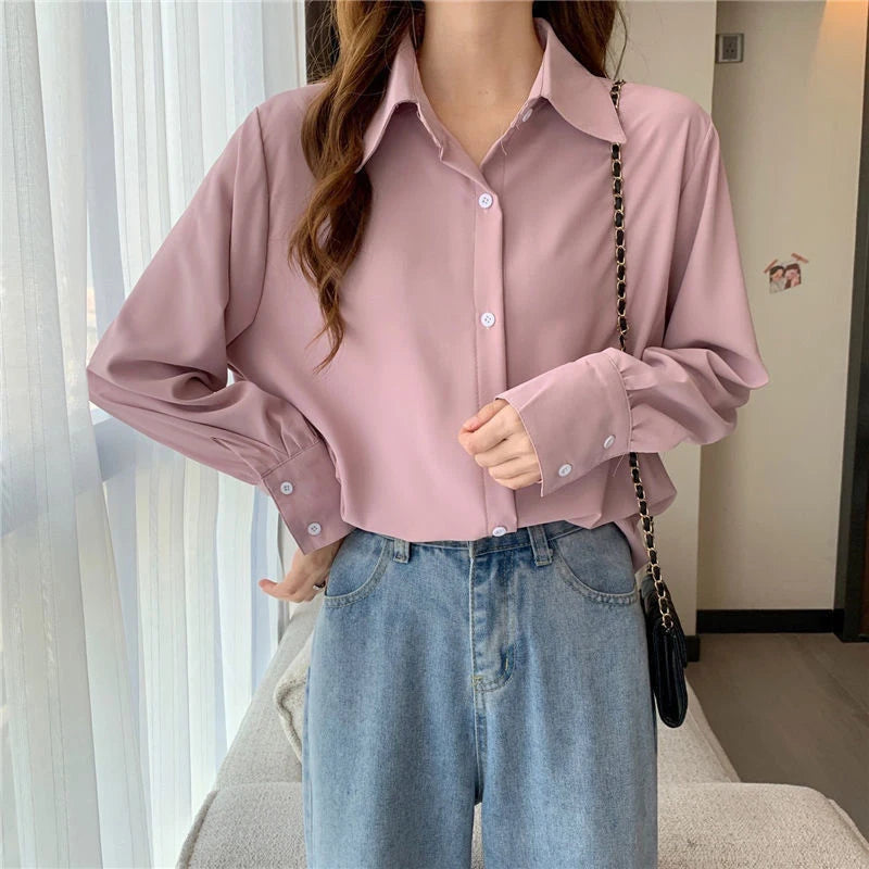 Korean Style White Chiffon Blouse - Elegant Long Sleeve Shirt for Women