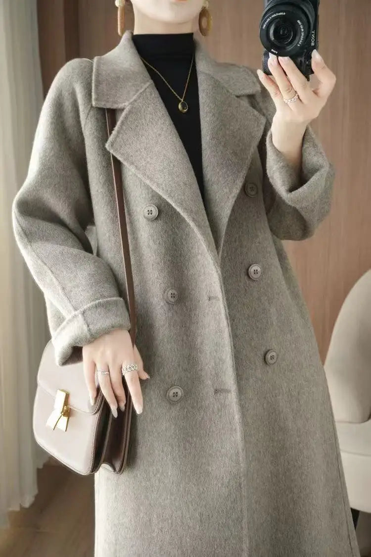 Korean Style Wool Coat - Women's Double-Breasted Mid-Length Winter Jacket