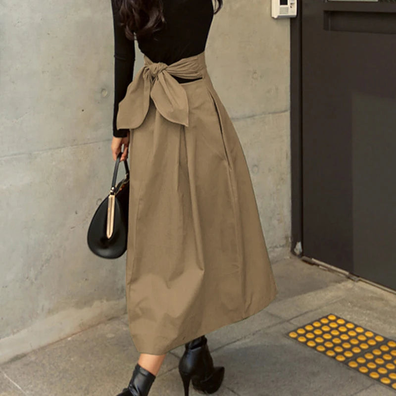 Korean Style High Waist A-Line Maxi Skirt - Elegant Lace-Up Long Skirt