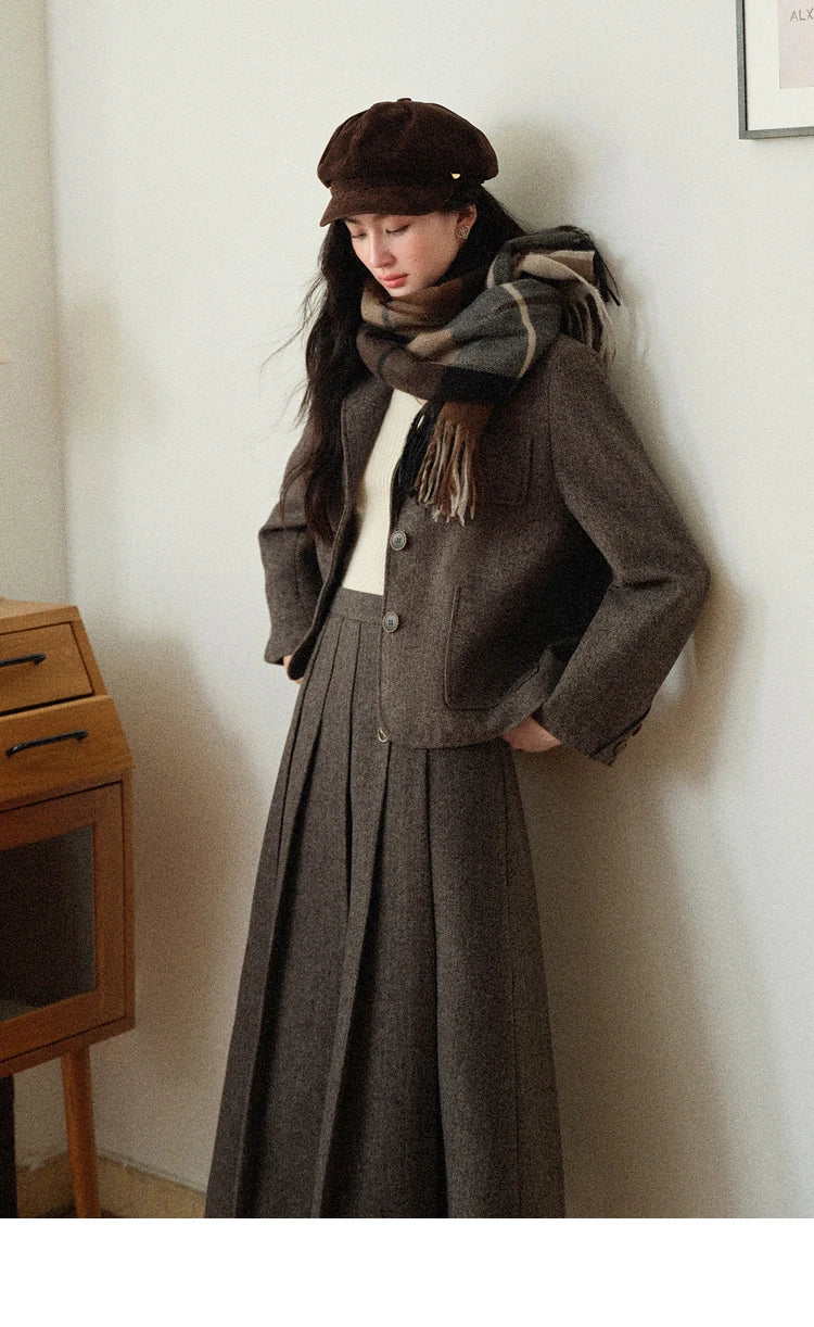 Korean Style Pleated Wool Skirt - Elegant High-Waist A-Line Midi Skirt for Women